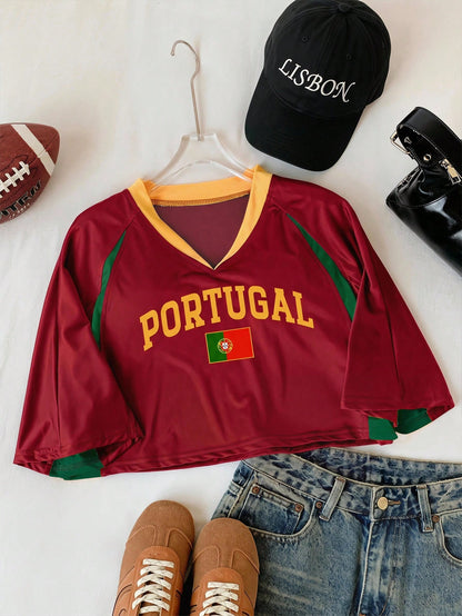 Portugal Women's V-Neck Crop Soccer Jersey