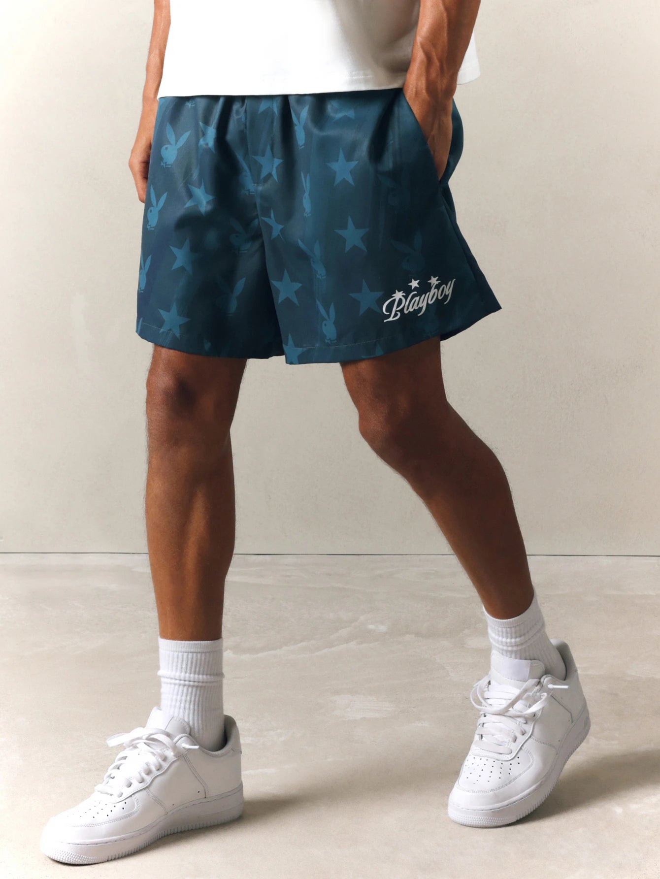 Men's Teal Playboy Bunny & Star Print Beach Shorts