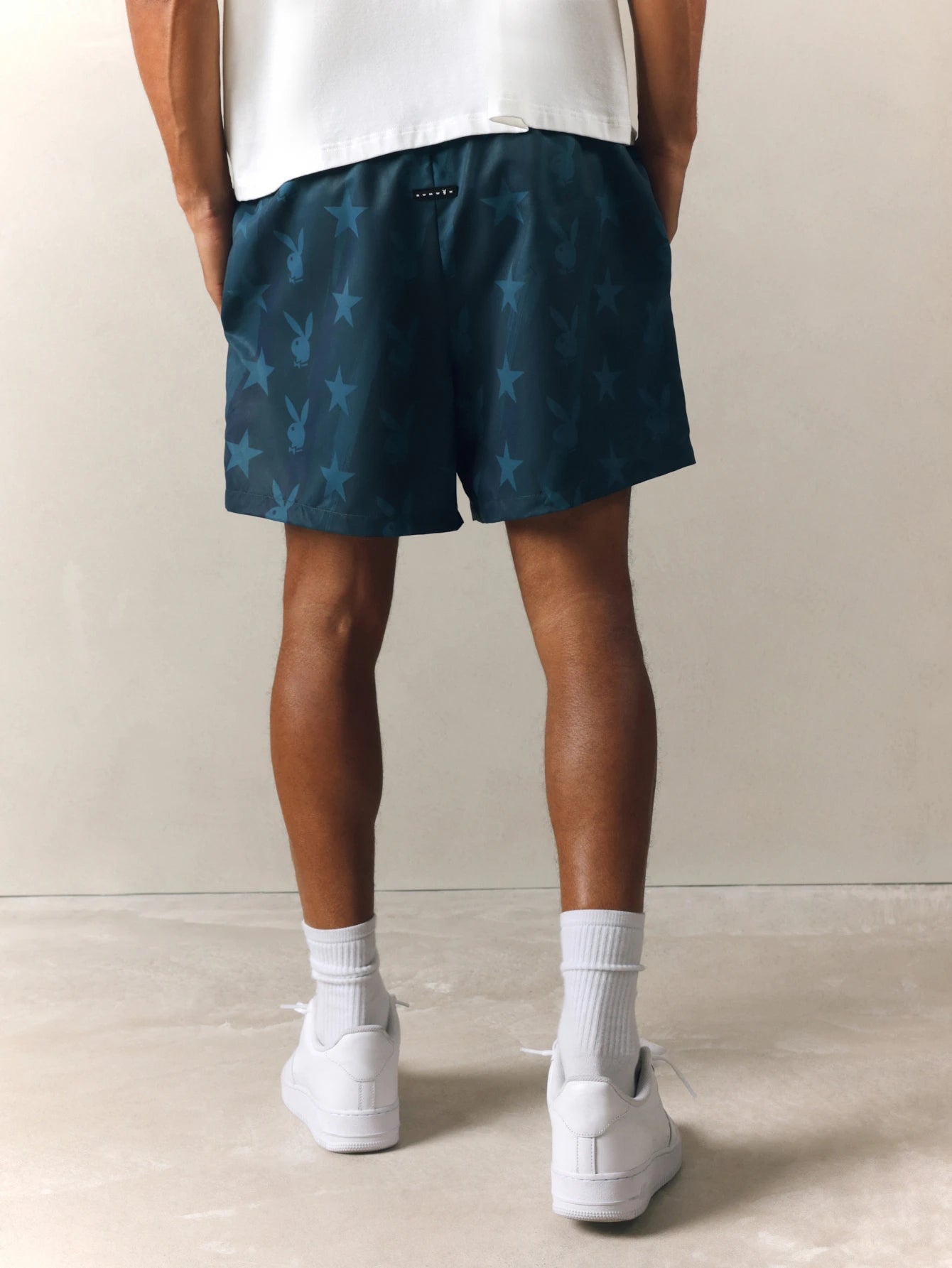 Men's Teal Playboy Bunny & Star Print Beach Shorts