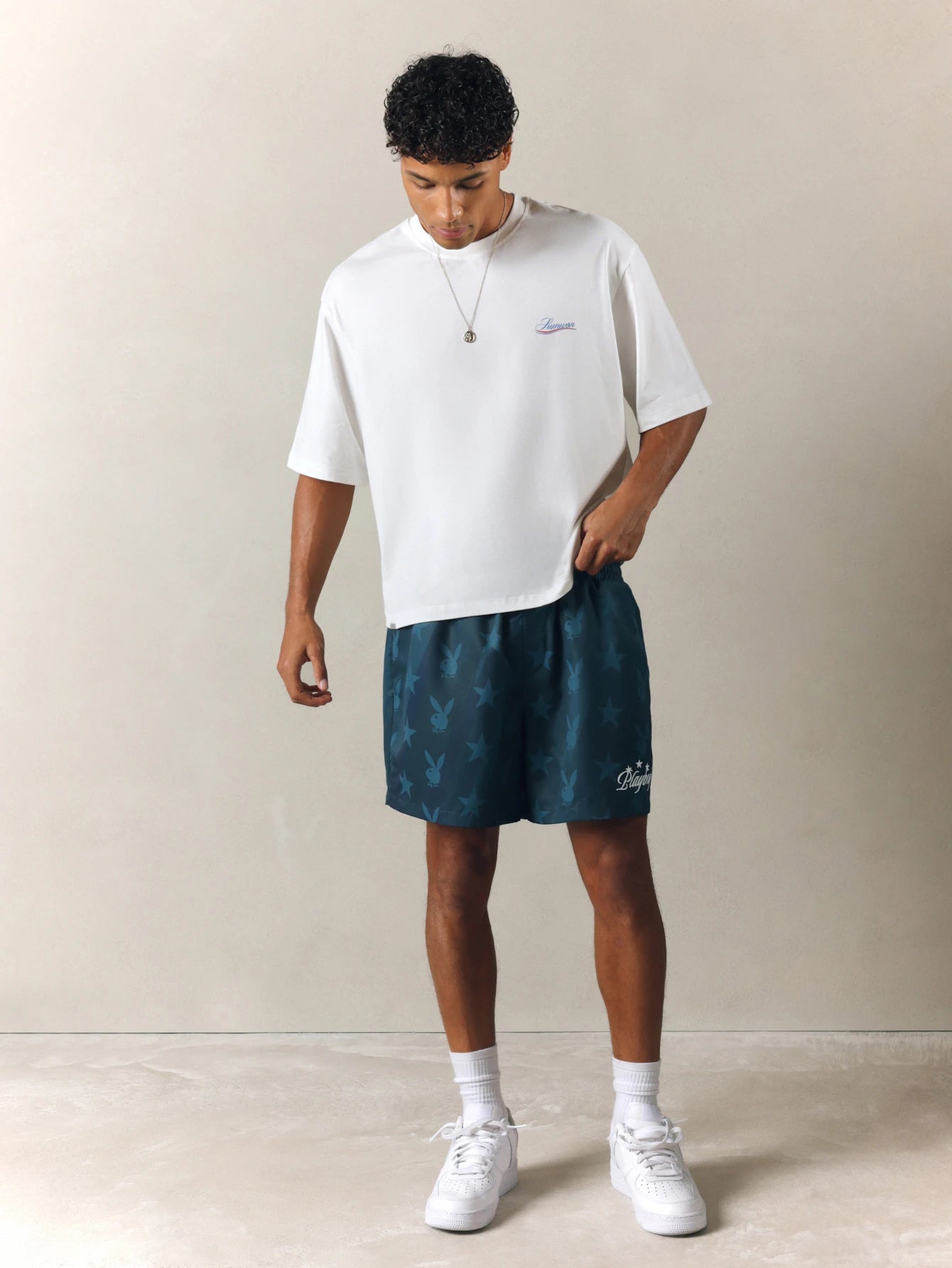 Men's Teal Playboy Bunny & Star Print Beach Shorts