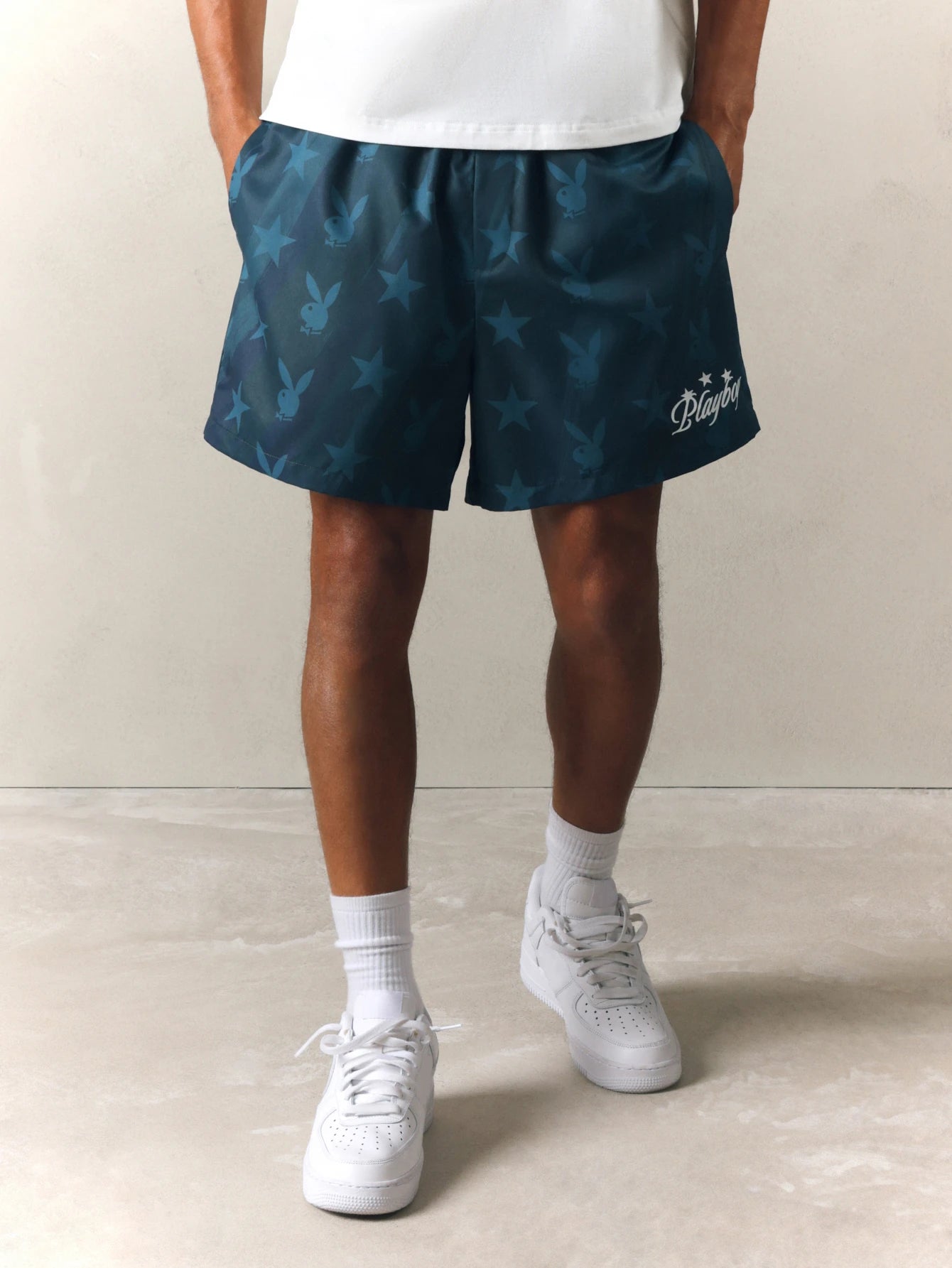 Men's Teal Playboy Bunny & Star Print Beach Shorts