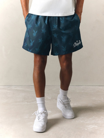 Men's Teal Playboy Bunny & Star Print Beach Shorts