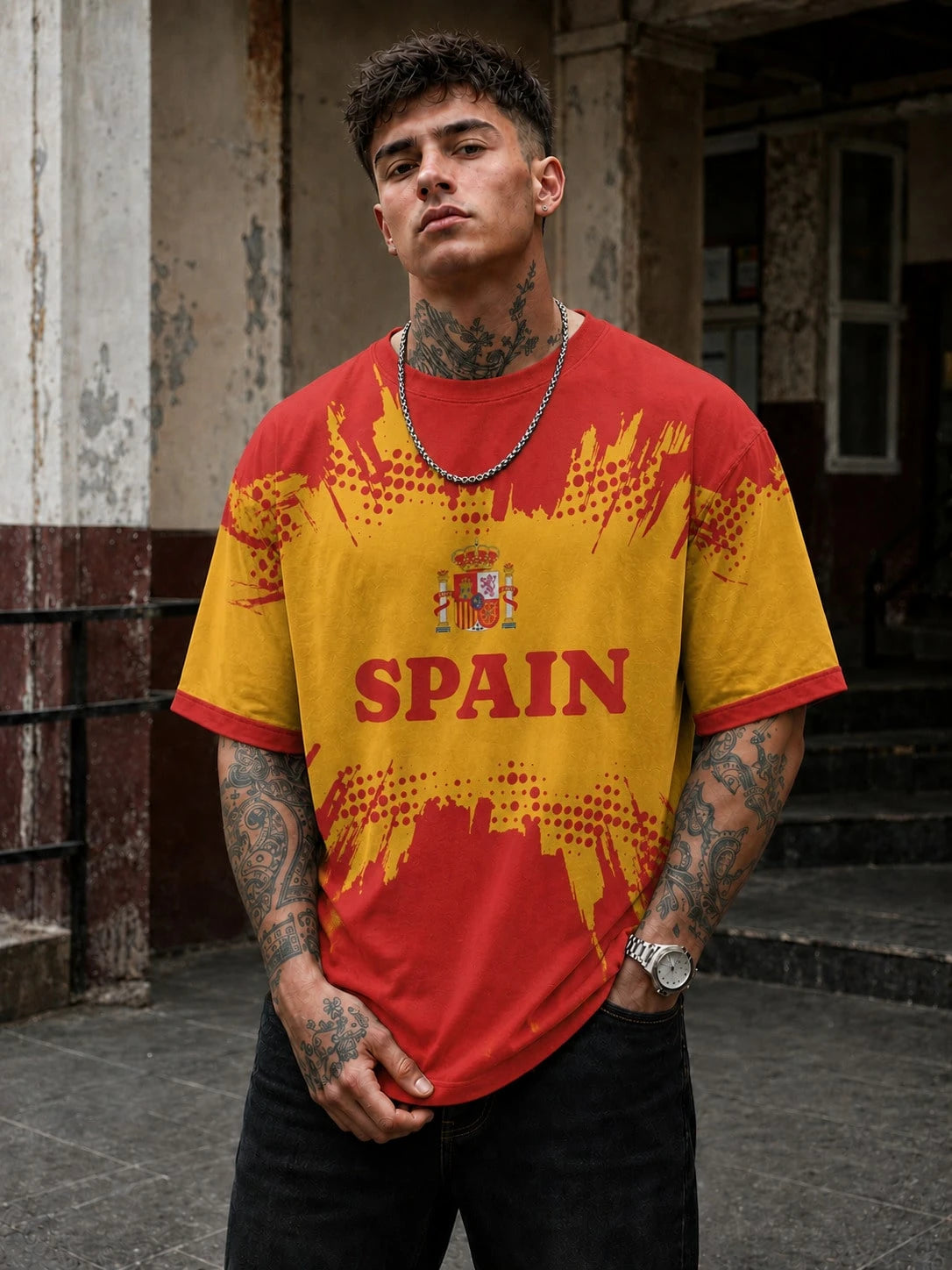 Men's Spain Flag Gradient Loose Fit Streetwear Tee