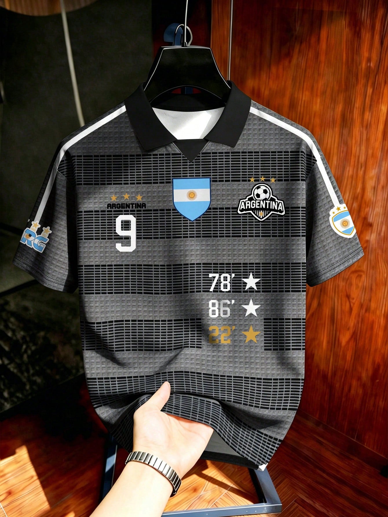 Argentina No 9 Striped Soccer Polo Jersey