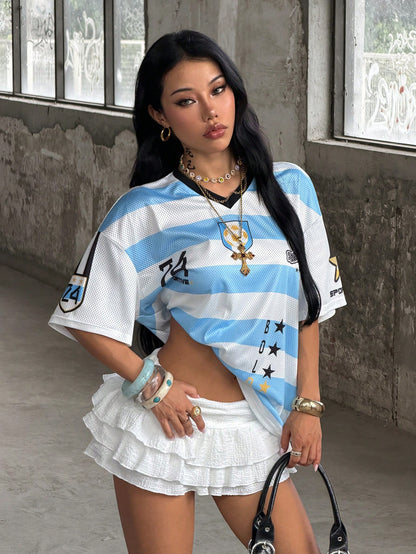 Unisex Blue Striped V Neck Sporty Jersey
