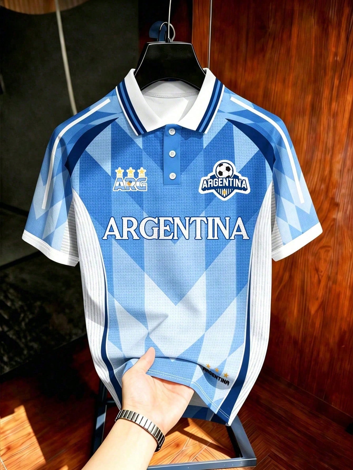 Argentina Rhombus Striped Soccer Polo Shirt