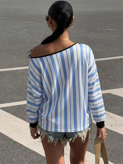 Women Striped Letter Print Long Sleeve T-Shirt