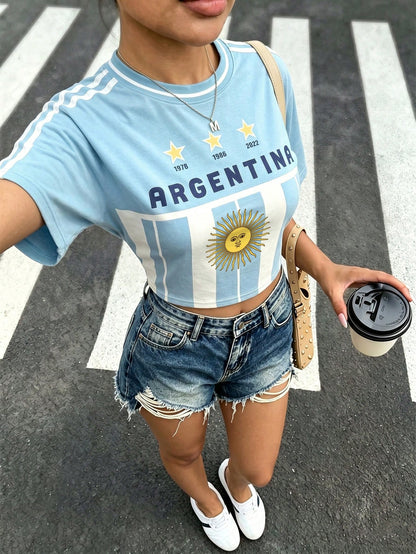 Argentina Teal Slim Fit Round Neck T-Shirt