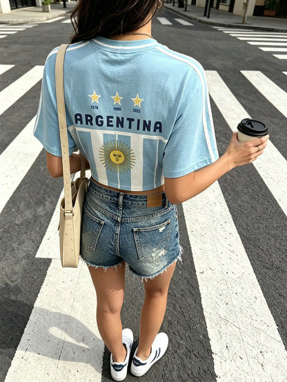 Argentina Teal Slim Fit Round Neck T-Shirt