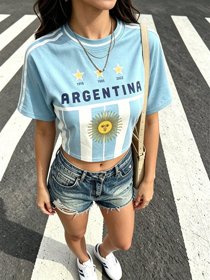 Argentina Teal Slim Fit Round Neck T-Shirt