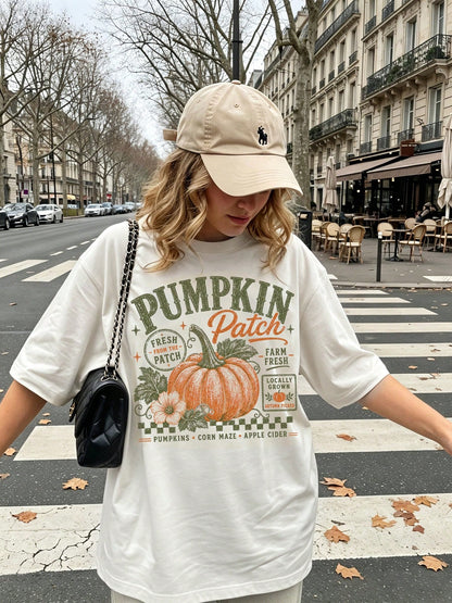 Women Retro Pumpkin Patch Print White Halloween Tee