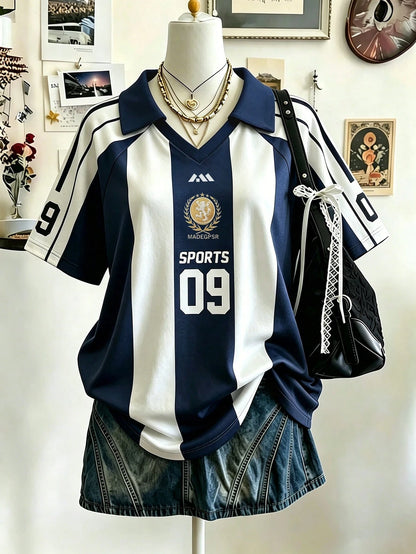 Lalippa Sporty Striped V-Neck Lapel T-Shirt