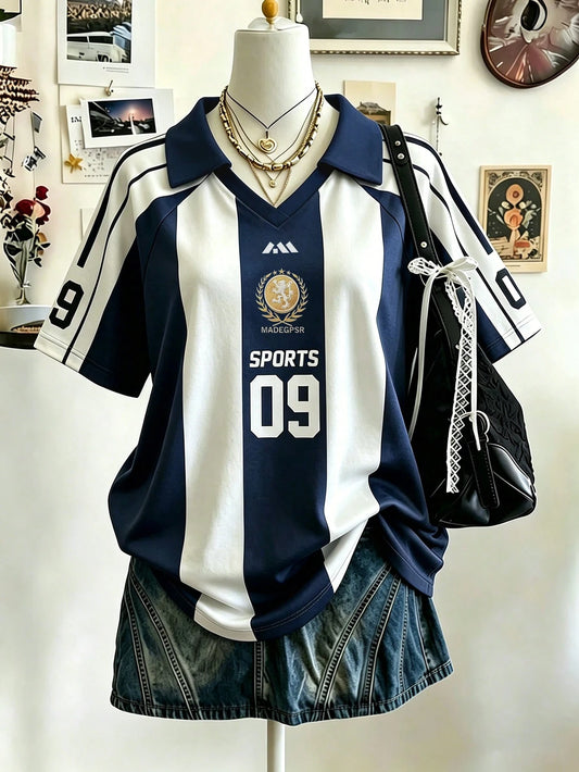 Lalippa Sporty Striped V-Neck Lapel T-Shirt