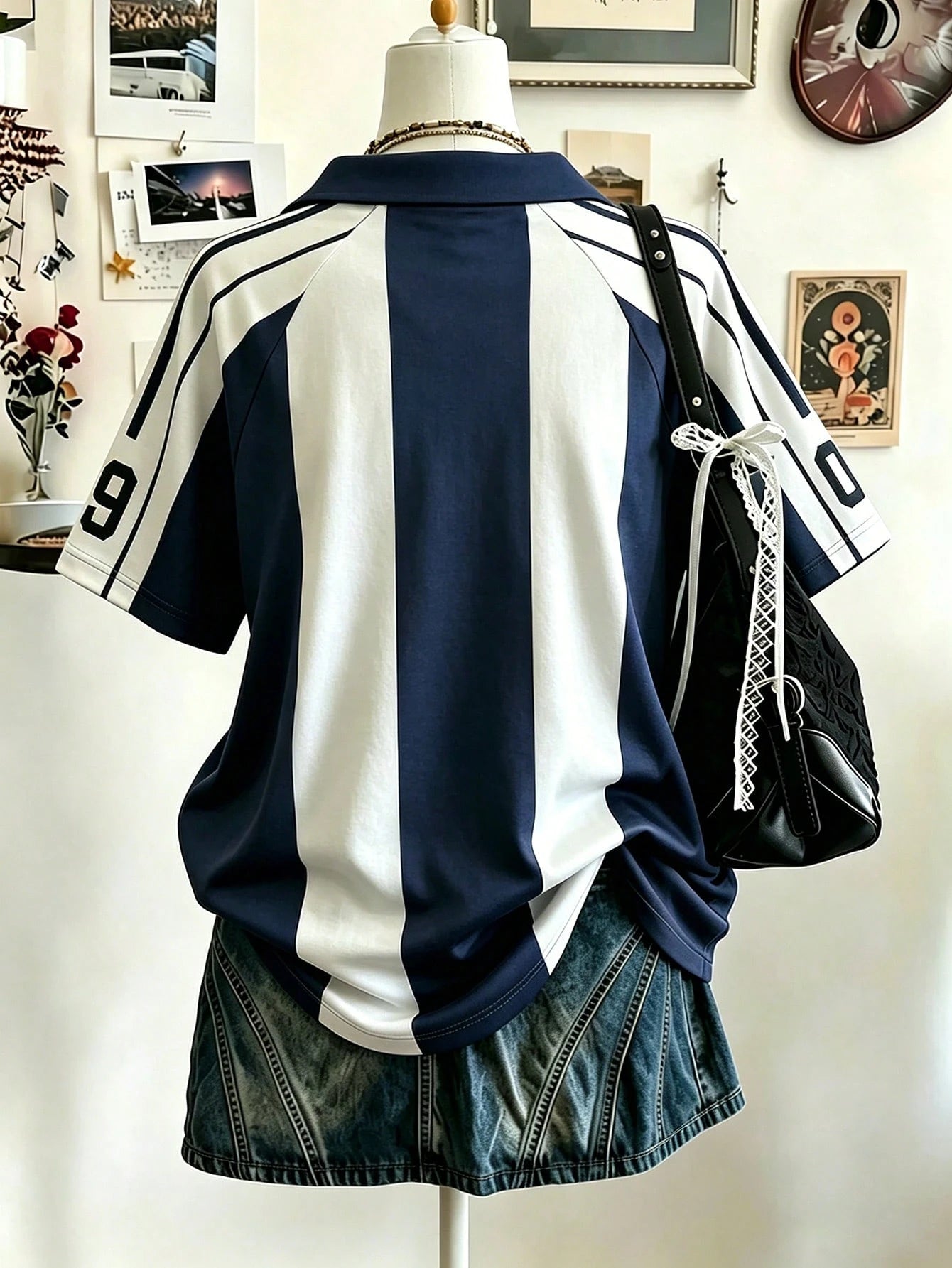 Lalippa Sporty Striped V-Neck Lapel T-Shirt
