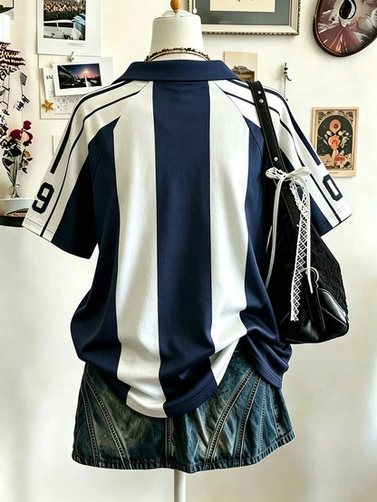 Lalippa Sporty Striped V-Neck Lapel T-Shirt