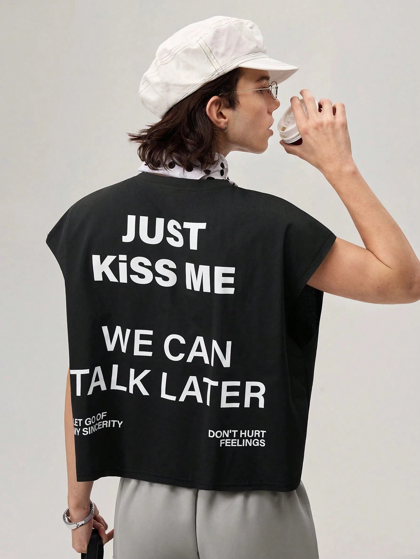 Men's Black Slogan Boxy Cropped Tank Top