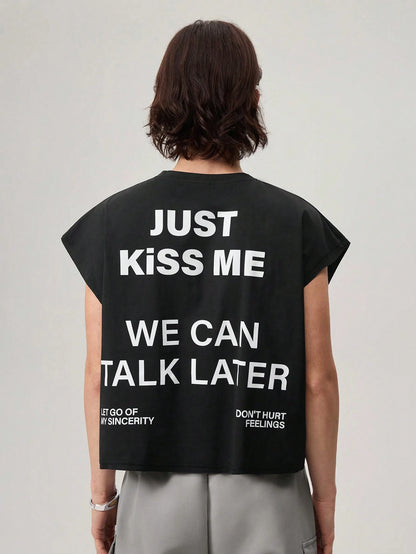 Men's Black Slogan Boxy Cropped Tank Top