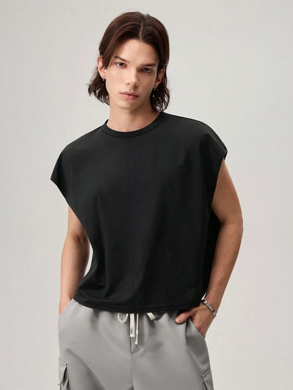 Men's Black Slogan Boxy Cropped Tank Top