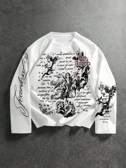 Goth Men Angel Print Long Sleeve Tee