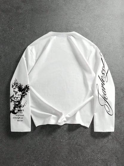 Goth Men Angel Print Long Sleeve Tee