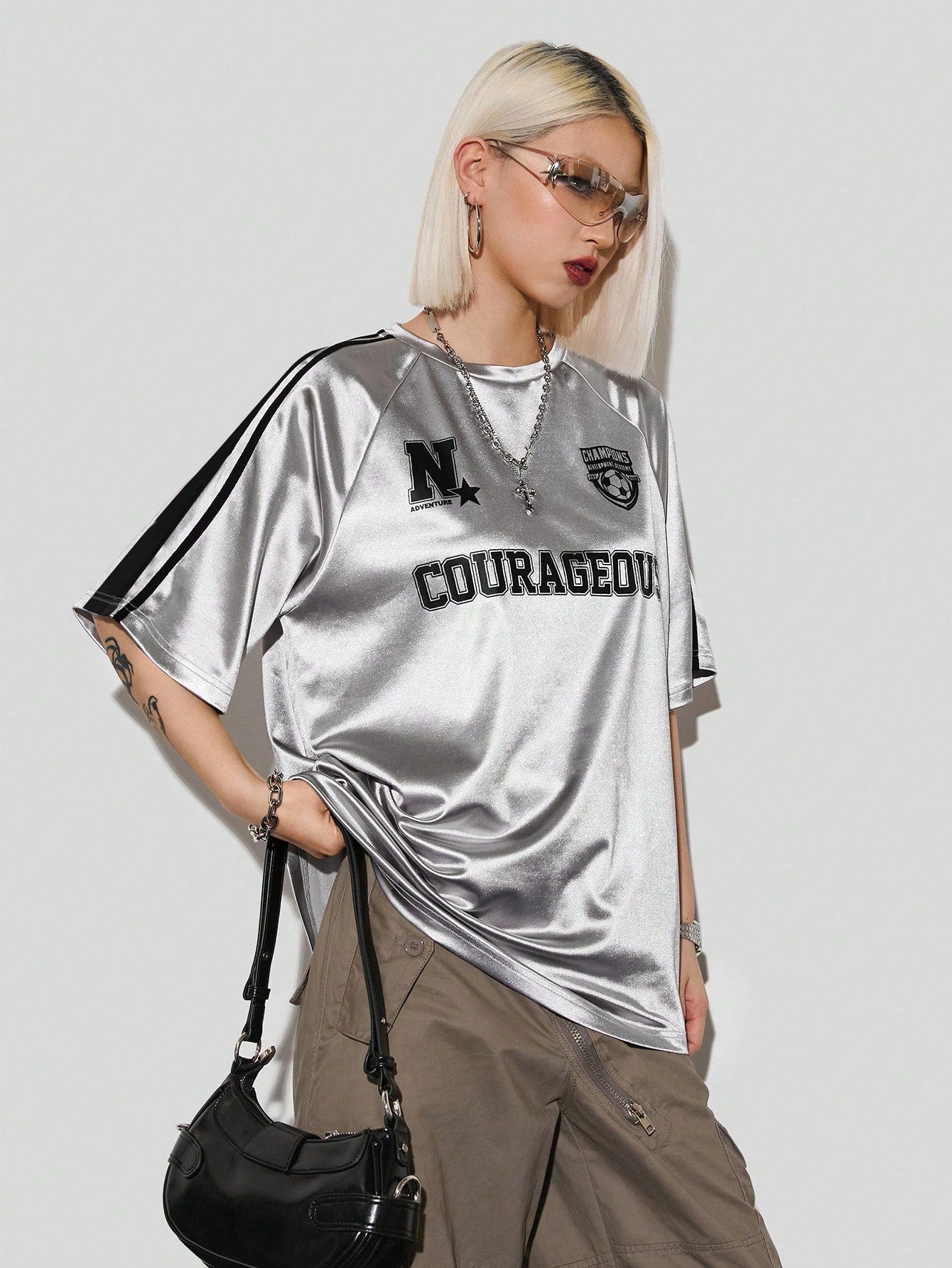 Women Oversized Metallic Graphic Sports Jersey T-Shirt