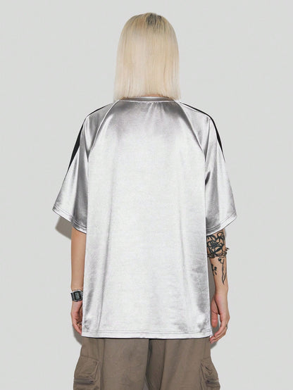 Women Oversized Metallic Graphic Sports Jersey T-Shirt