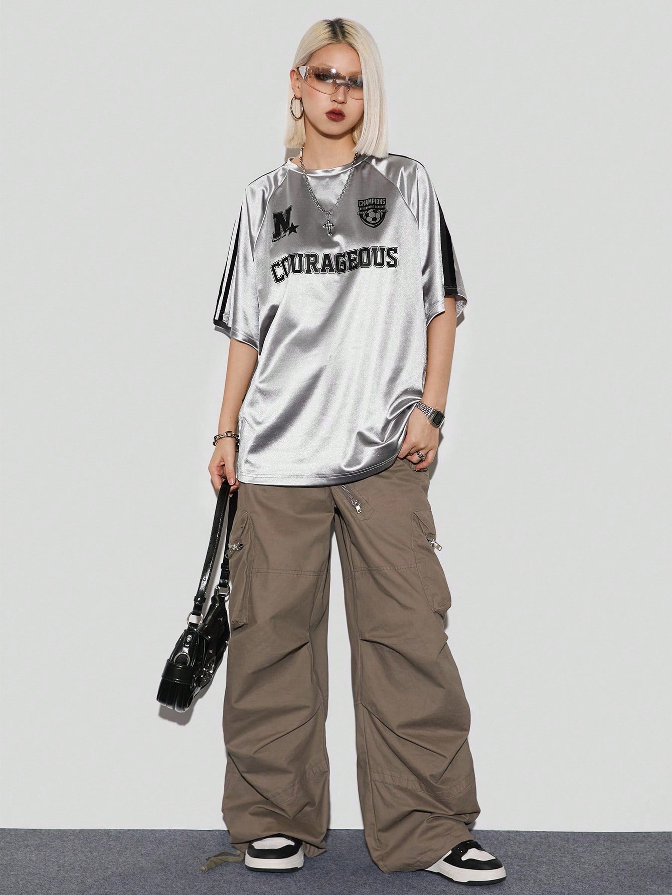 Women Oversized Metallic Graphic Sports Jersey T-Shirt