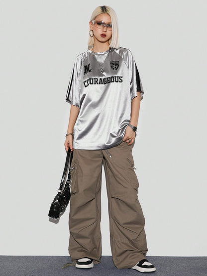 Women Oversized Metallic Graphic Sports Jersey T-Shirt