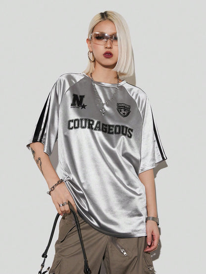 Women Oversized Metallic Graphic Sports Jersey T-Shirt