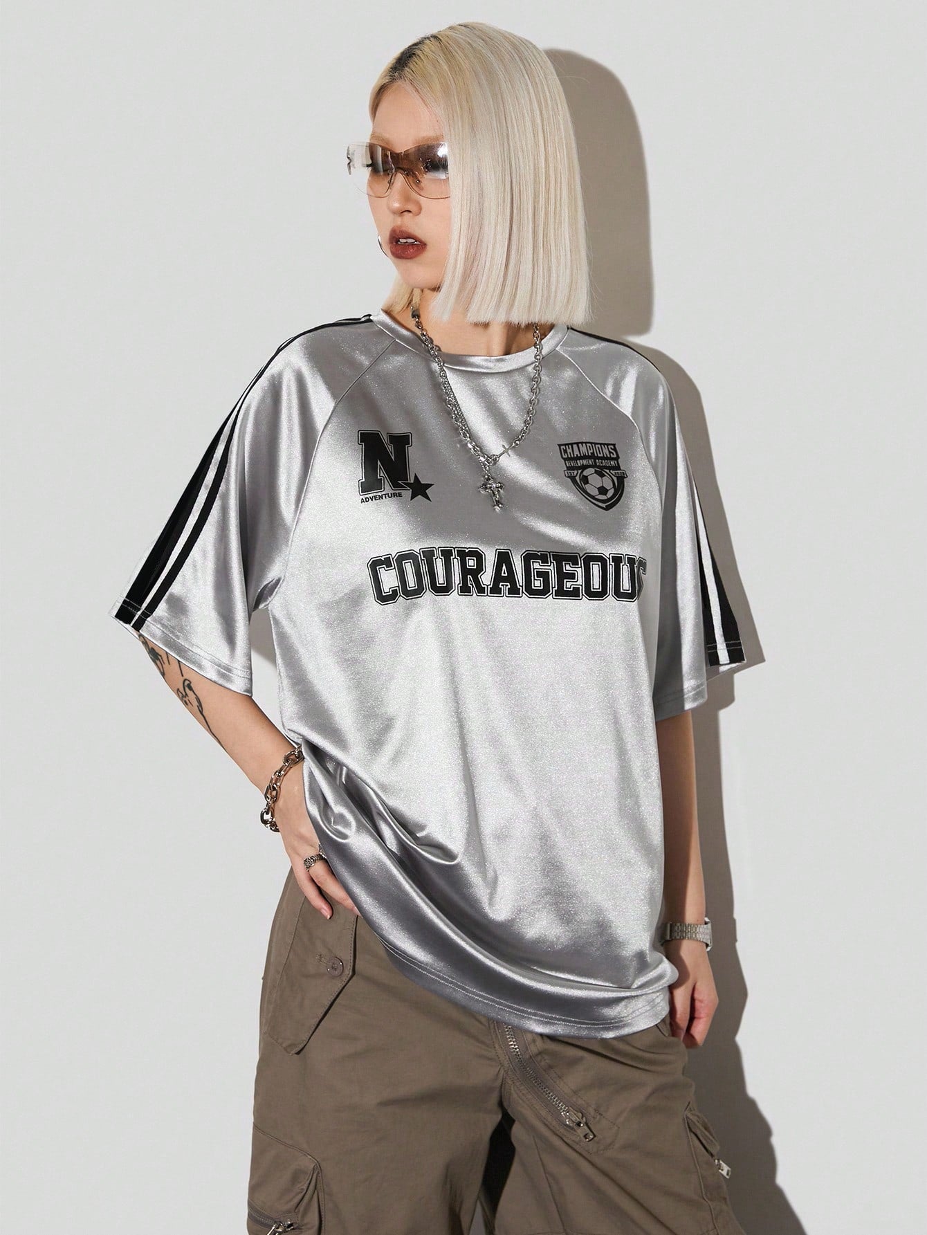 Women Oversized Metallic Graphic Sports Jersey T-Shirt