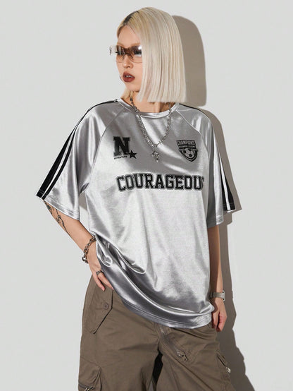 Women Oversized Metallic Graphic Sports Jersey T-Shirt