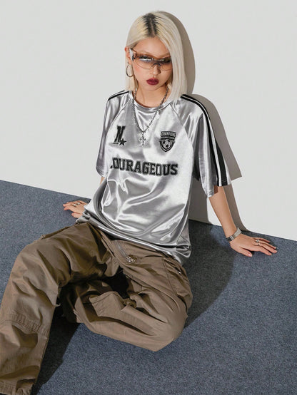 Women Oversized Metallic Graphic Sports Jersey T-Shirt