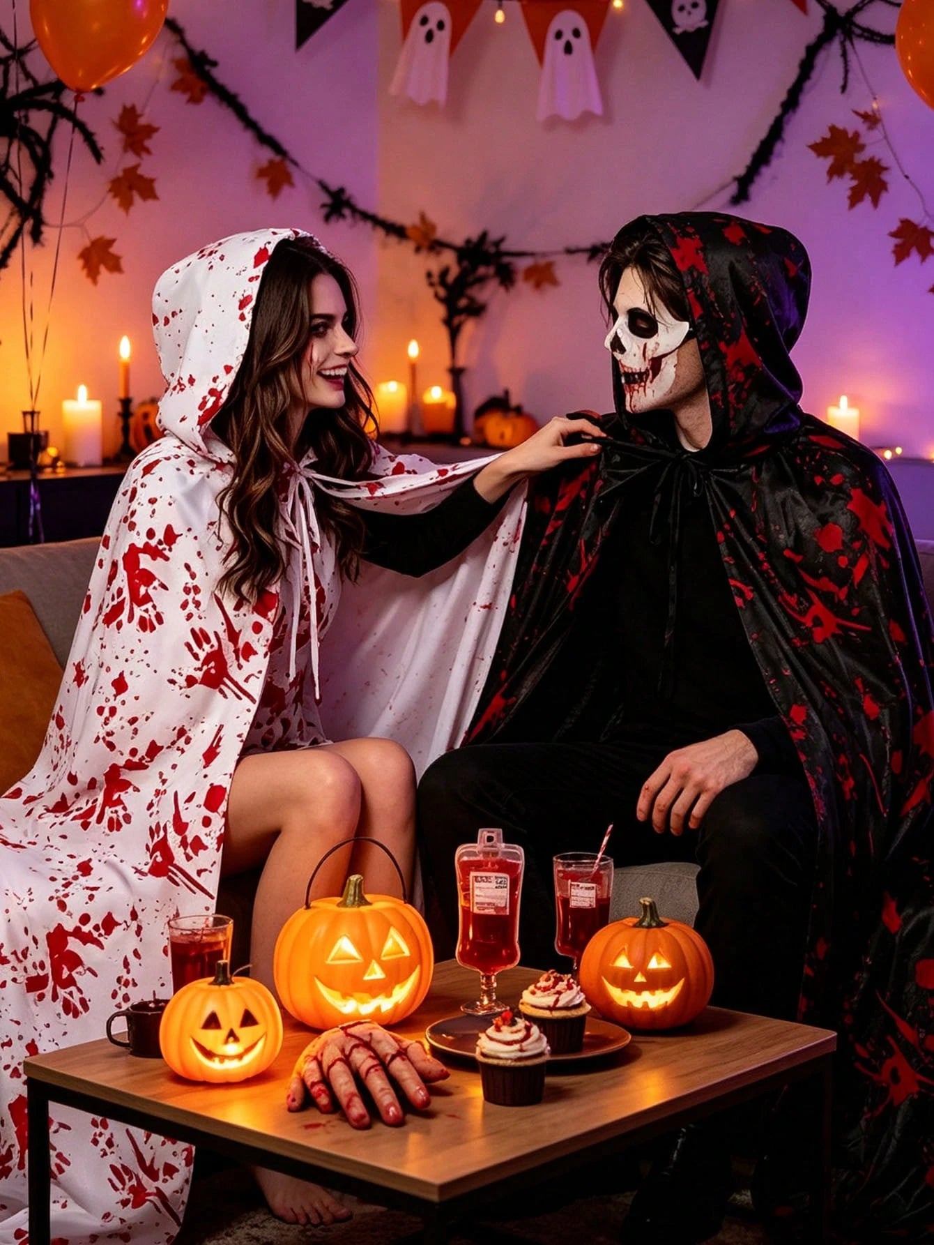 Blood Stained Hooded Long Cape Halloween Costume