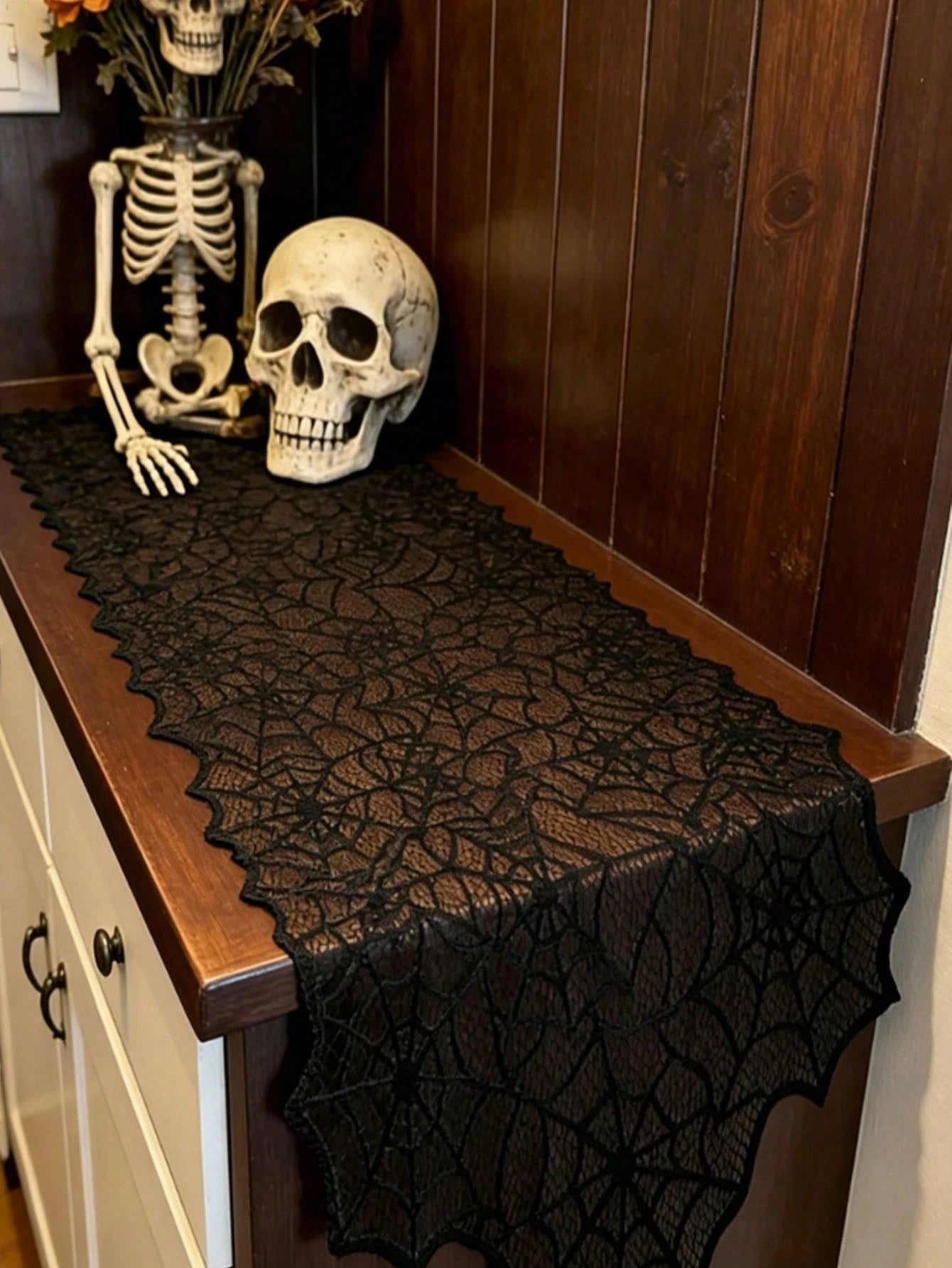 Halloween Spider Web Black Lace Table Runner