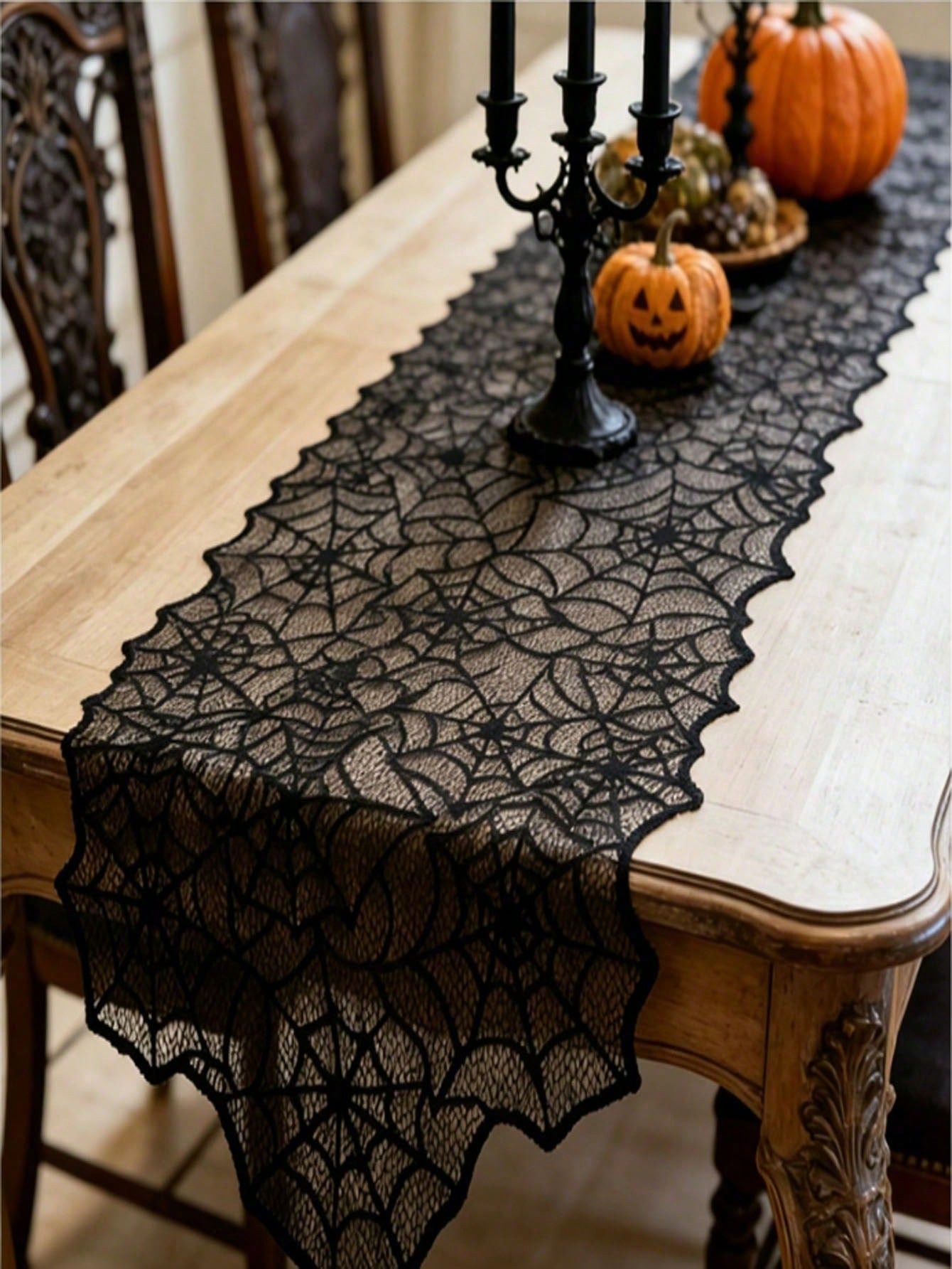Halloween Spider Web Black Lace Table Runner