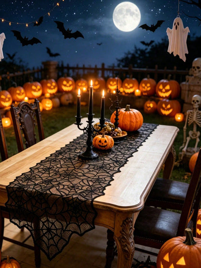 Halloween Spider Web Black Lace Table Runner