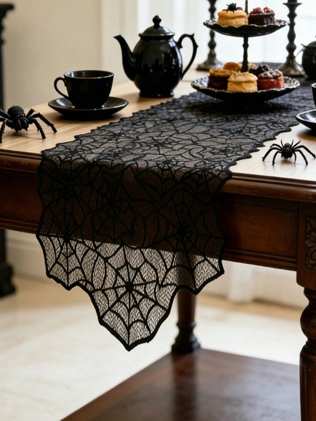 Halloween Spider Web Black Lace Table Runner