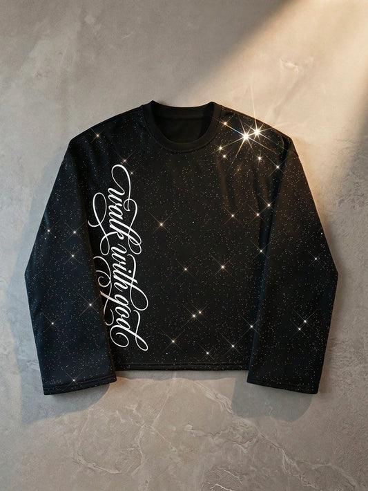 Men Glitter Sequin Print Loose Long Sleeve T-Shirt