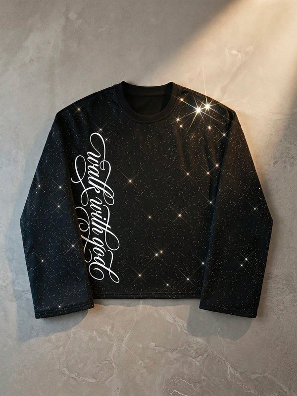 Men Glitter Sequin Print Loose Long Sleeve T-Shirt
