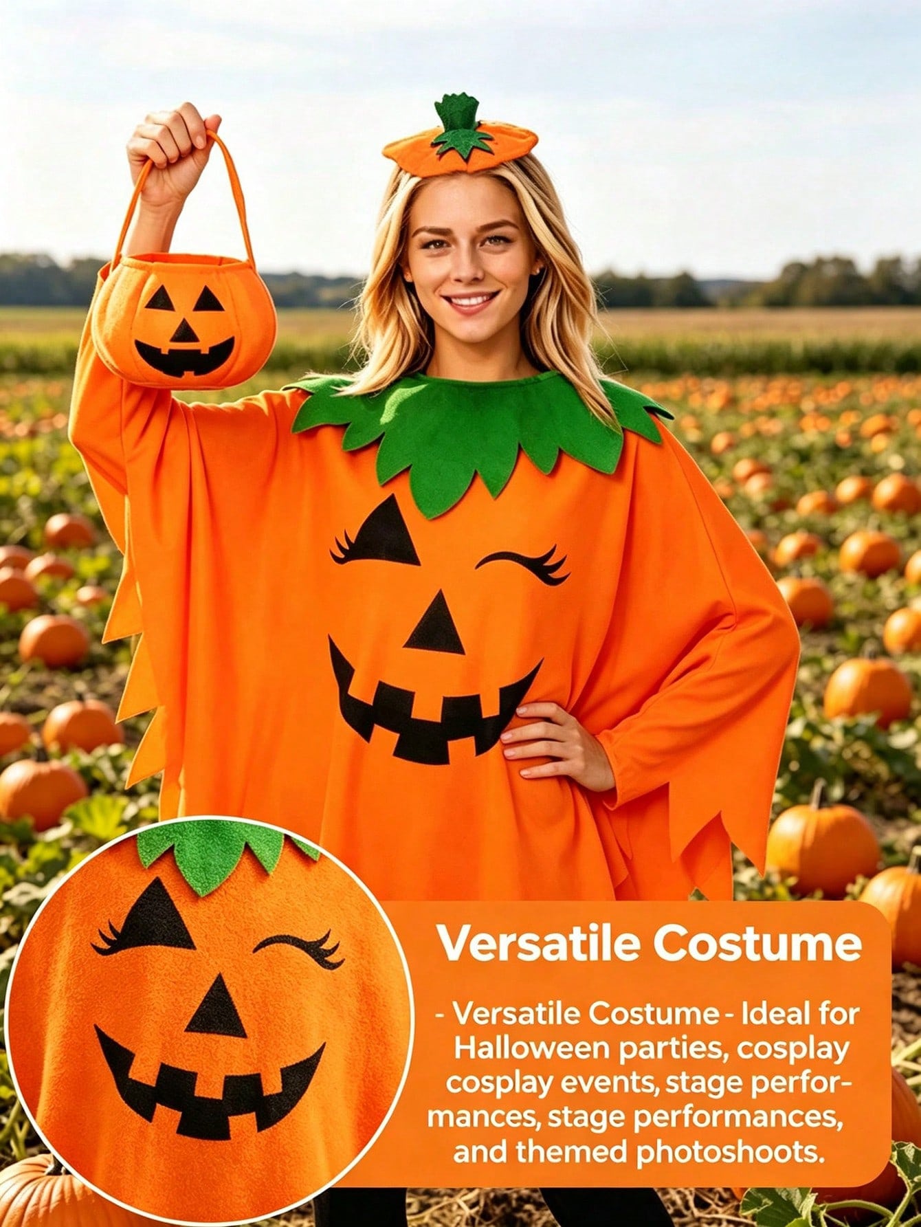 Women Halloween Pumpkin Cape Set With Headband