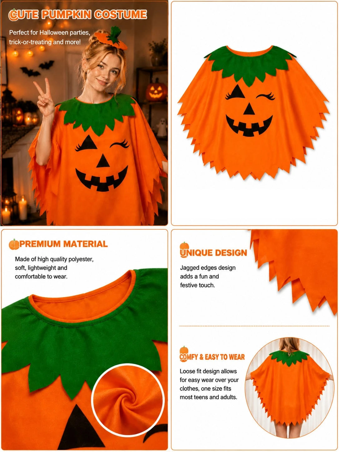 Women Halloween Pumpkin Cape Set With Headband