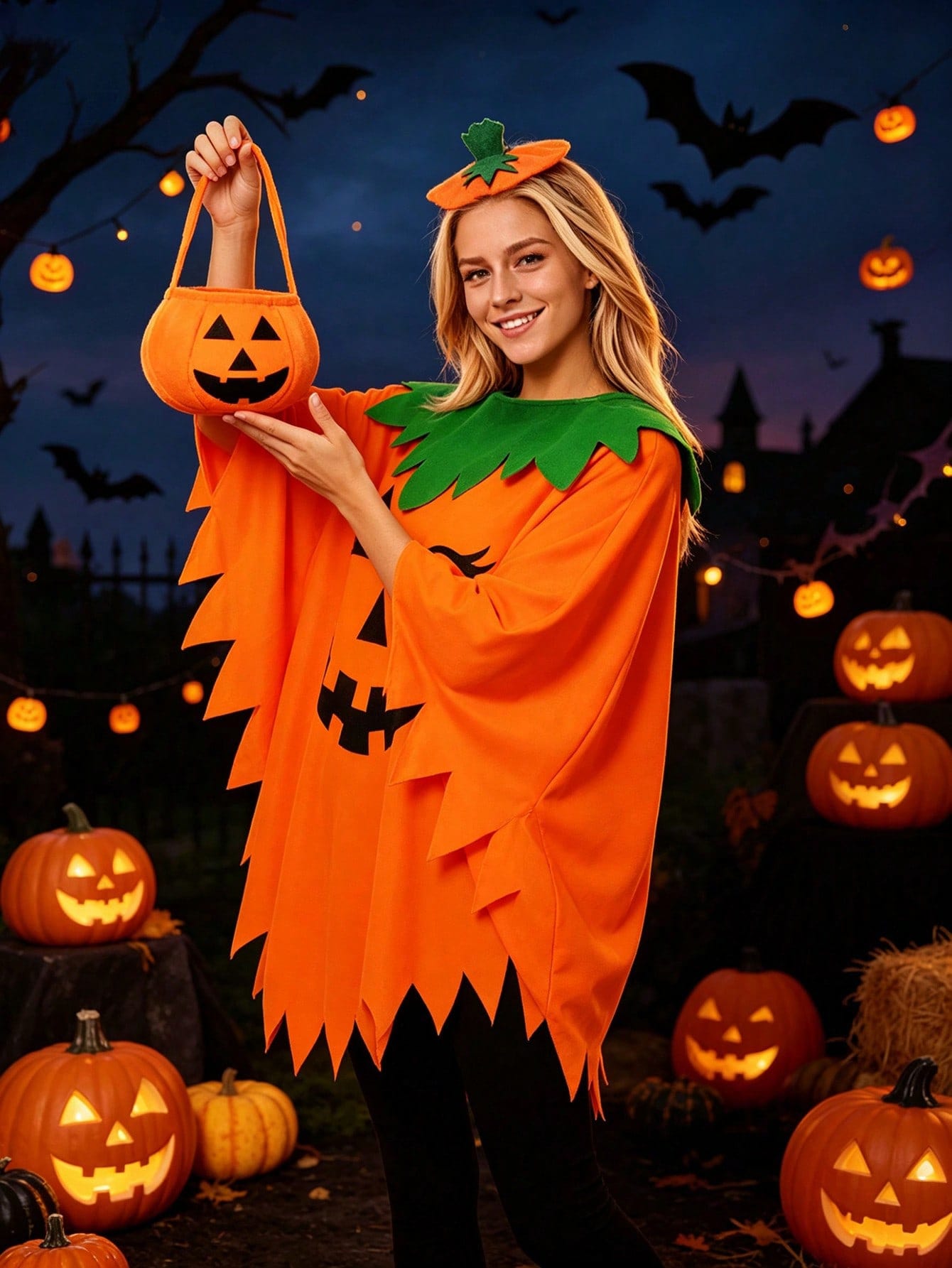 Women Halloween Pumpkin Cape Set With Headband