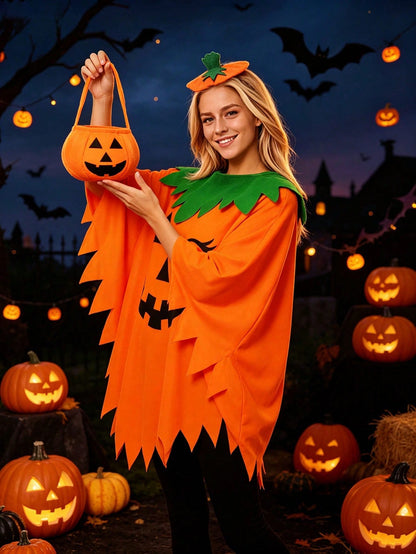Women Halloween Pumpkin Cape Set With Headband