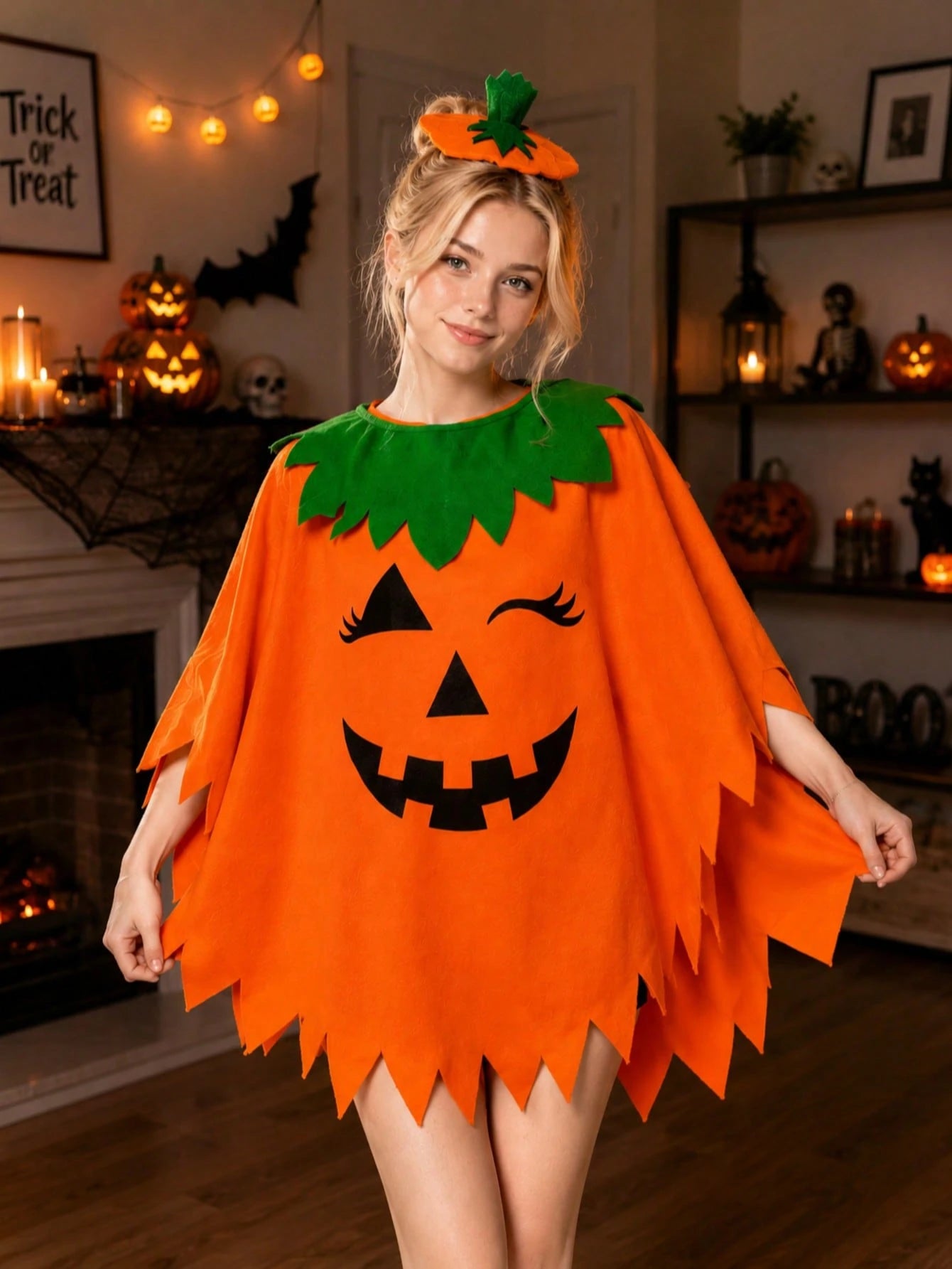 Women Halloween Pumpkin Cape Set With Headband