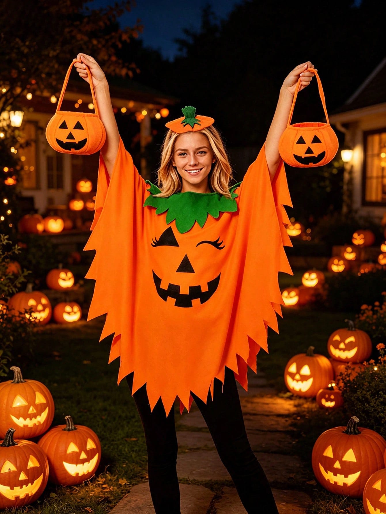 Women Halloween Pumpkin Cape Set With Headband