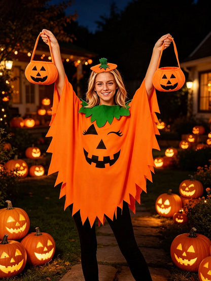 Women Halloween Pumpkin Cape Set With Headband