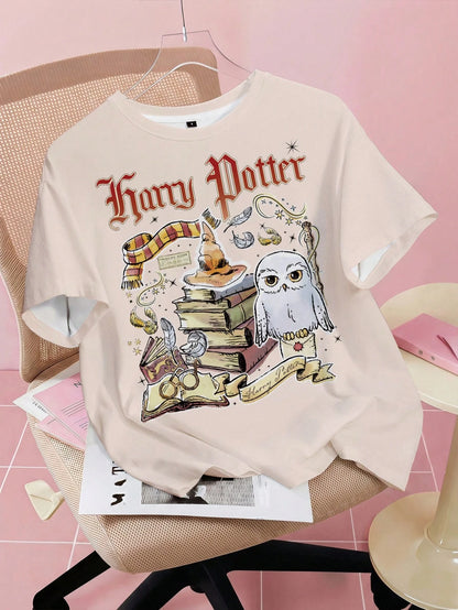 HARRY POTTER X SHEIN Women Letter Book Print Casual Tee