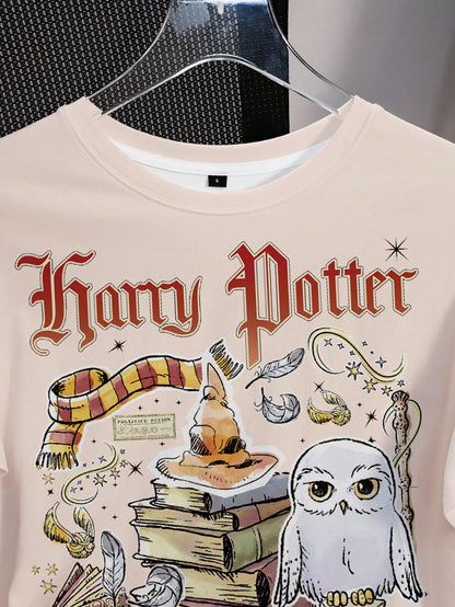 HARRY POTTER X SHEIN Women Letter Book Print Casual Tee