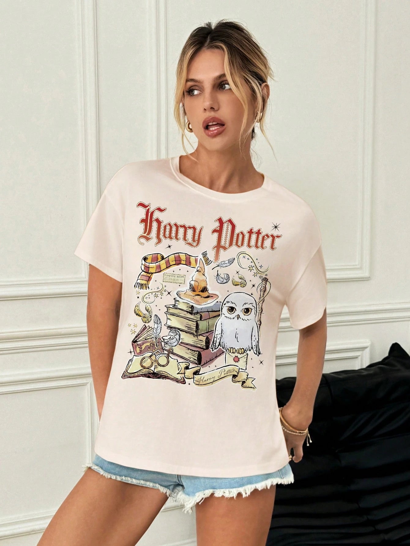 HARRY POTTER X SHEIN Women Letter Book Print Casual Tee