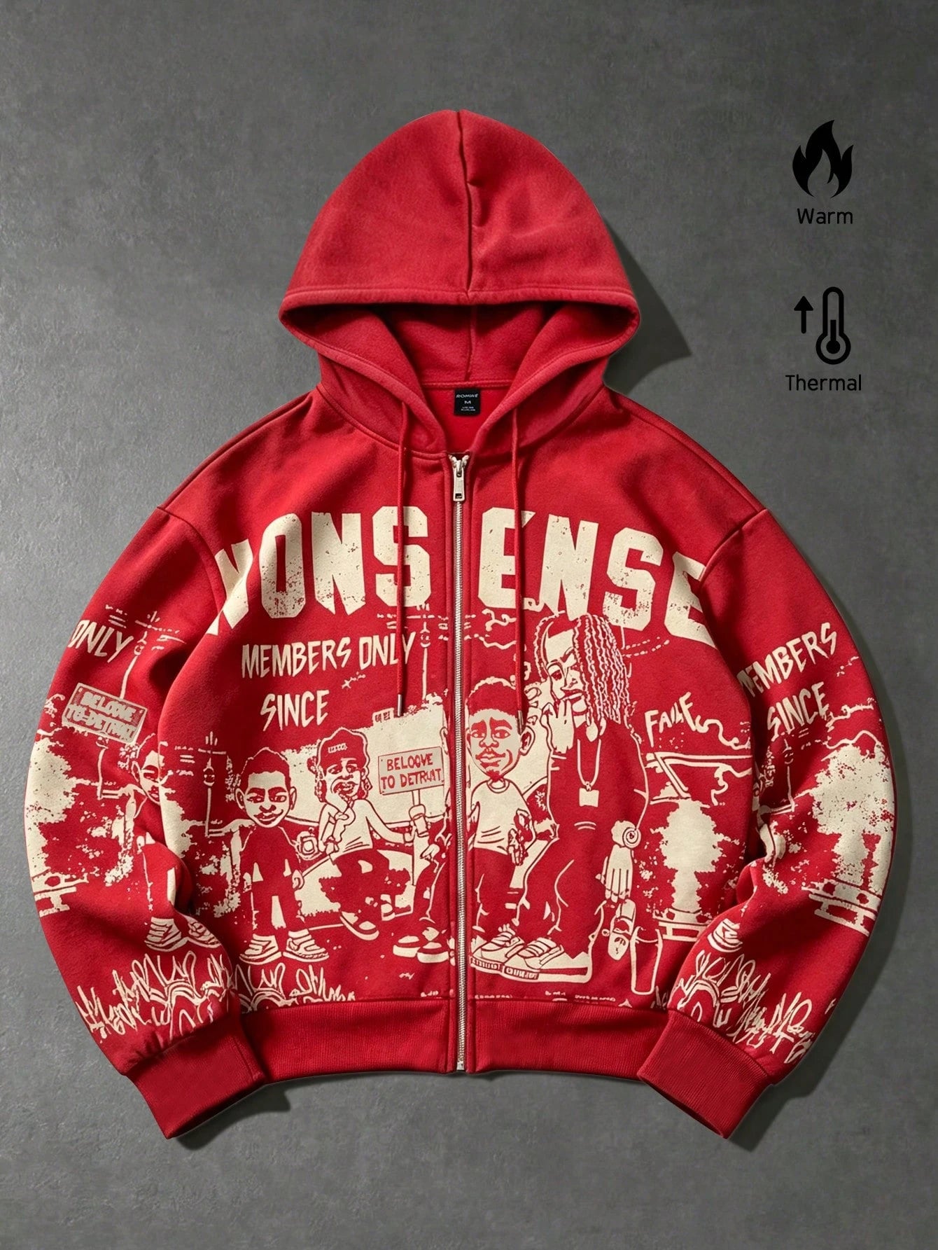 Men Graphic Zip-Up Drawstring Hoodie